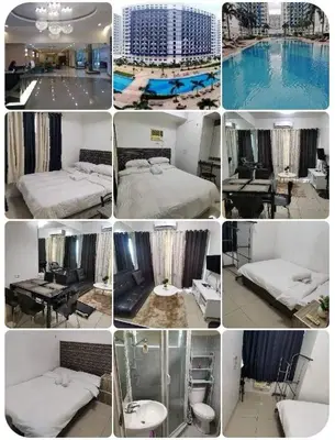 a collage of photos of a bedroom and a pool at Sea Residences Staycation Tanya's Condo Pasay in Manila