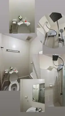 a collage of three pictures of a bathroom at Sweden's Tiny Home, Studio Unit Condo in Manila