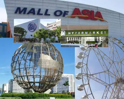 a collage of photos of a mall of asia with a ball in front at Shore Residence Staycation unit at Mall of Asia in Manila