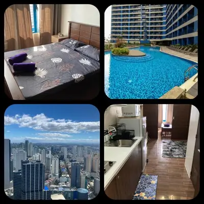 a collage of four pictures of a building with a pool at Makati amazing view Penthouse studio, Air Residence, fast internet in Manila