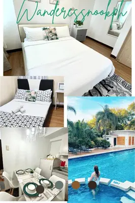 a collage of photos of a hotel room and a pool at Lancris Residences 2 Bedroom Entire Apartment near Airport with Pool in Manila