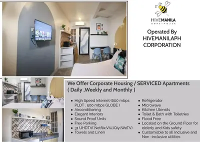 a collage of photos of a living room and a kitchen at Hive Manila Guesthouse and Apartments 400 Mbps - Gallery Studio in Bacoor