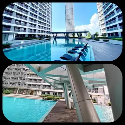 a collage of two pictures of a swimming pool at Penthouse studio at Fame Residence 41st Floor, ShangriLa-Megamall in Manila