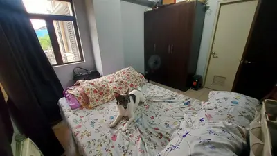 a cat sitting on a bed in a bedroom at 1 Br Near Naia T3/Resorts World in Manila