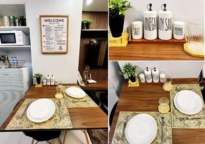 two pictures of a table with white plates on it at KL Tower Makati near Greenbelt with free access to gym, sauna & 100Mbps Wi-fi in Manila