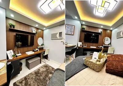 two pictures of a room with a desk and a bedroom at KL Tower Makati near Greenbelt with free access to gym, sauna & 100Mbps Wi-fi in Manila