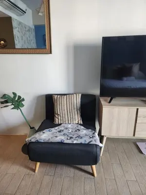 a living room with a chair and a tv at Cozy Studio Flat Near Airport in Manila
