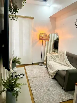 a living room with a couch and a mirror at Comfy Condo near BGC, Makati and Naia in Manila