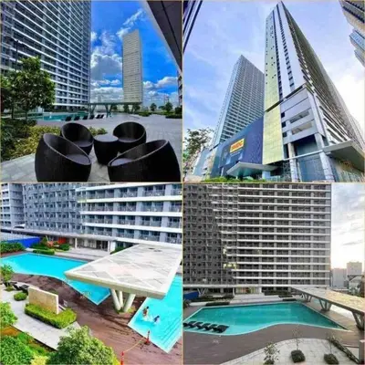 a collage of photos of buildings and a pool at Modern 1-BR Condo Unit in Manila